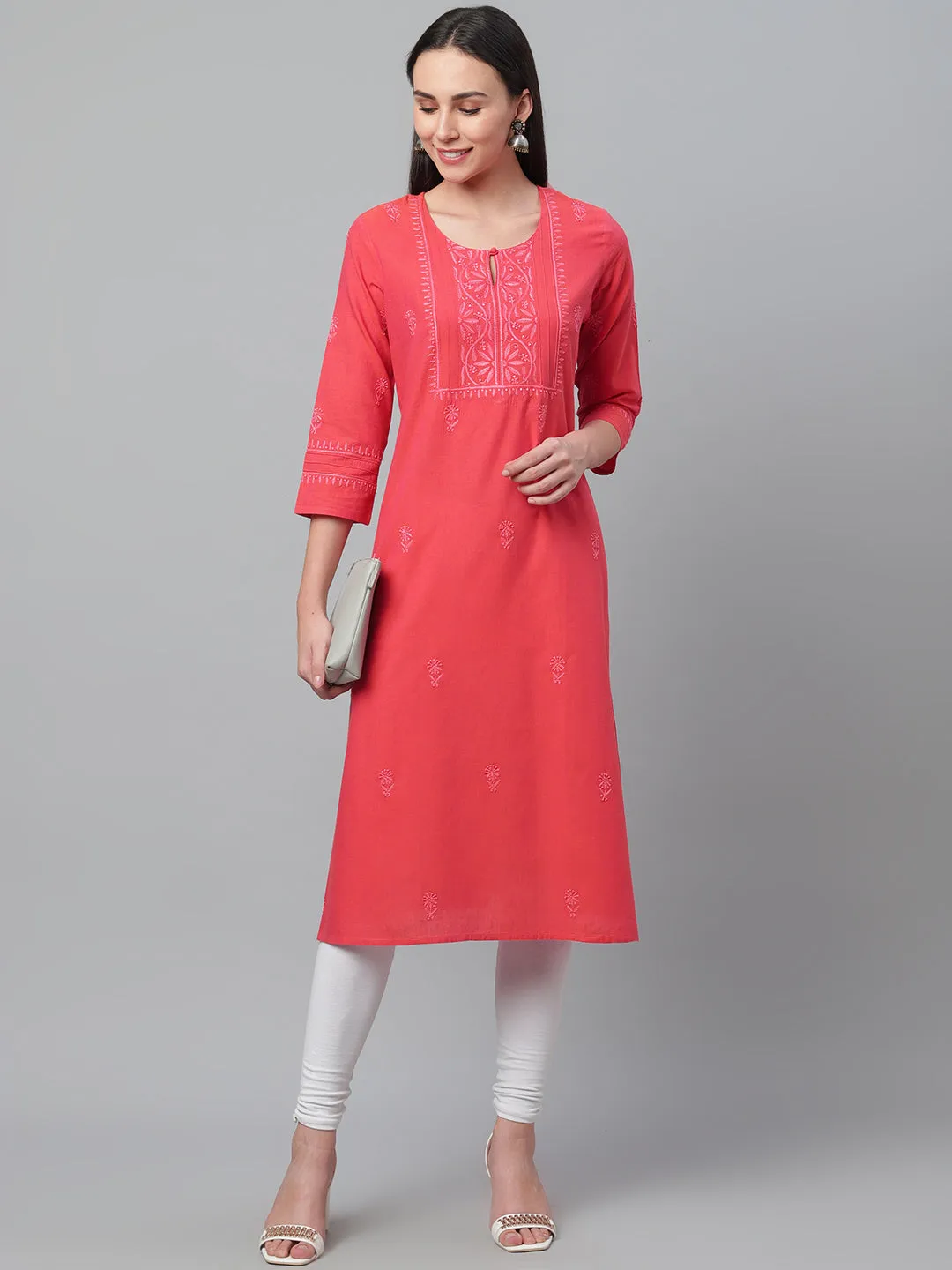 Mangalgiri Pink Embroidered Kurta with Pocket