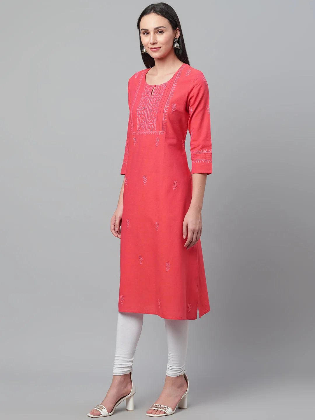 Mangalgiri Pink Embroidered Kurta with Pocket