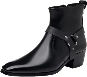 Men's Leather Boots High-Top Fashionable Boot, Business Pointed-Toe Casual Dress Shoes Versatile with Elastic Adjustment Trendy Thick Heel Solid Color Boots