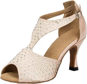 Minishion Women's TH054 Crystals T-Strap Satin Wedding Ballroom Latin Taogo Dance Sandals