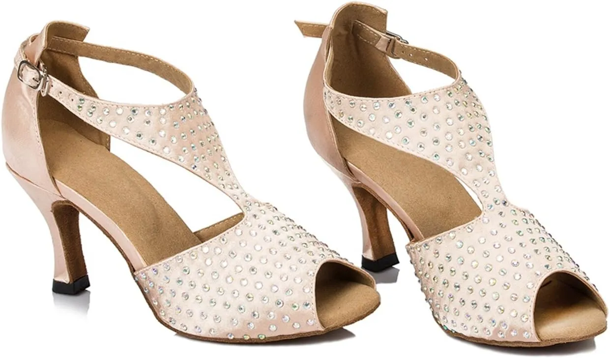 Minishion Women's TH054 Crystals T-Strap Satin Wedding Ballroom Latin Taogo Dance Sandals