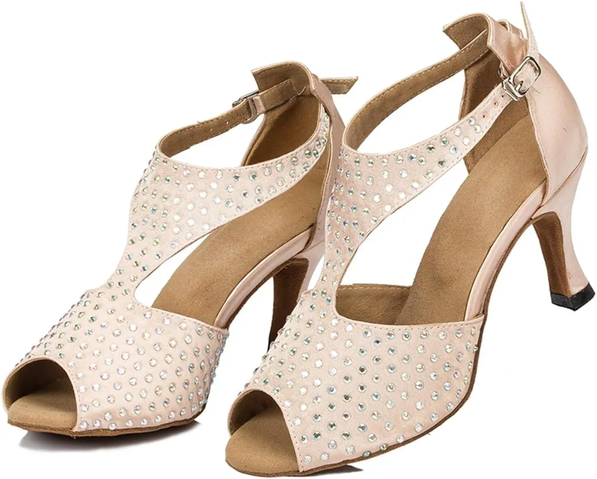 Minishion Women's TH054 Crystals T-Strap Satin Wedding Ballroom Latin Taogo Dance Sandals