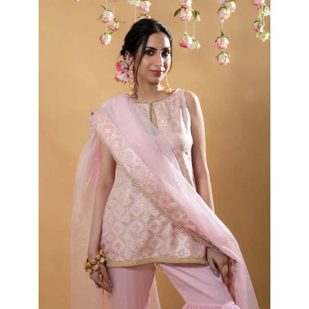 MONK & MEI Heera Kurta with Sharara & Dupatta-Powder Pink (Set of 3)