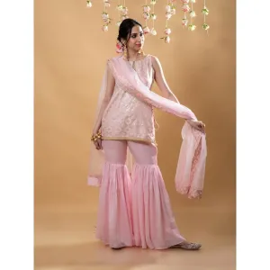 MONK & MEI Heera Kurta with Sharara & Dupatta-Powder Pink (Set of 3)