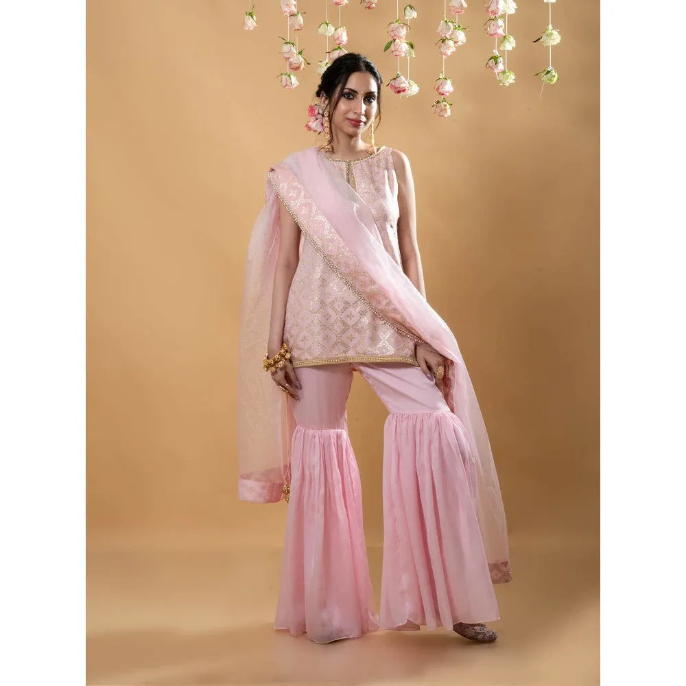 MONK & MEI Heera Kurta with Sharara & Dupatta-Powder Pink (Set of 3)