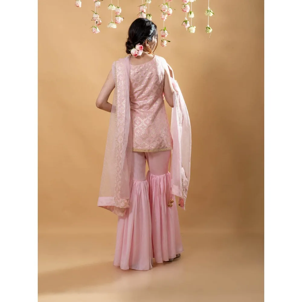 MONK & MEI Heera Kurta with Sharara & Dupatta-Powder Pink (Set of 3)