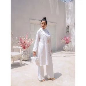 MONK & MEI Inayat Chikankari Top Pants & Jacket- White (Set of 3)