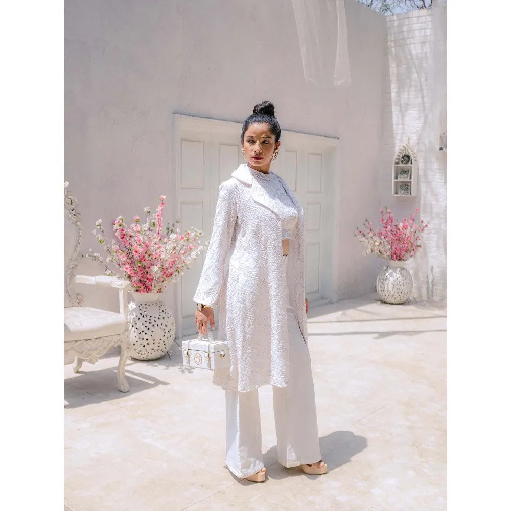 MONK & MEI Inayat Chikankari Top Pants & Jacket- White (Set of 3)