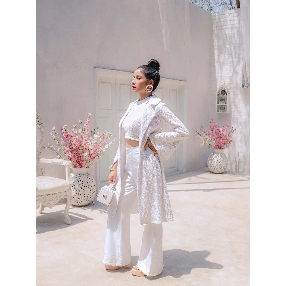 MONK & MEI Inayat Chikankari Top Pants & Jacket- White (Set of 3)