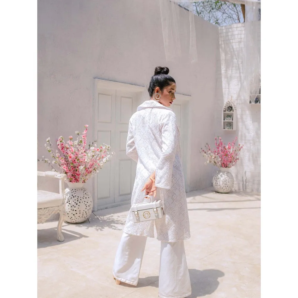 MONK & MEI Inayat Chikankari Top Pants & Jacket- White (Set of 3)