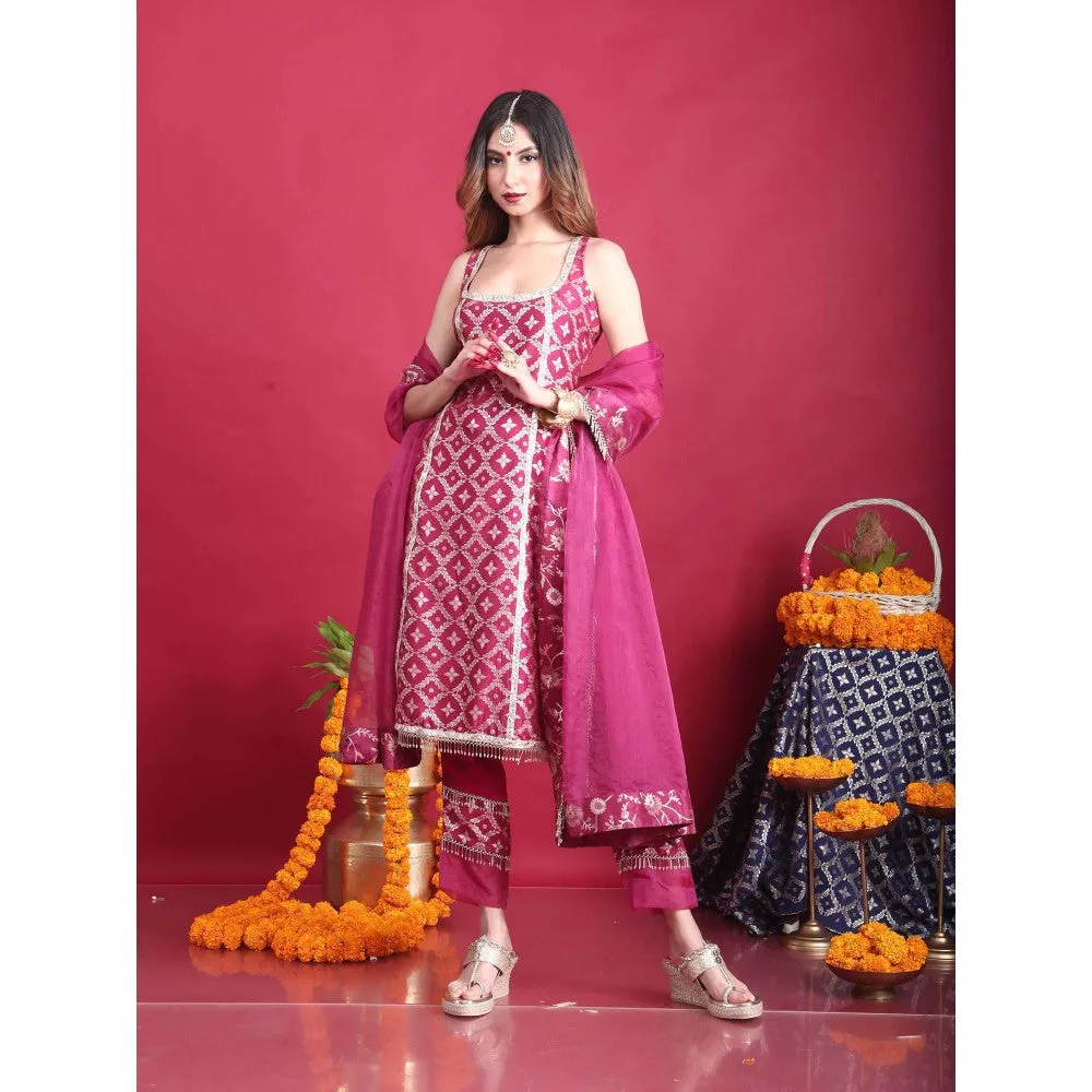 MONK & MEI Kala-Sleeveless Kurta-Plum Magenta (Set of 3)