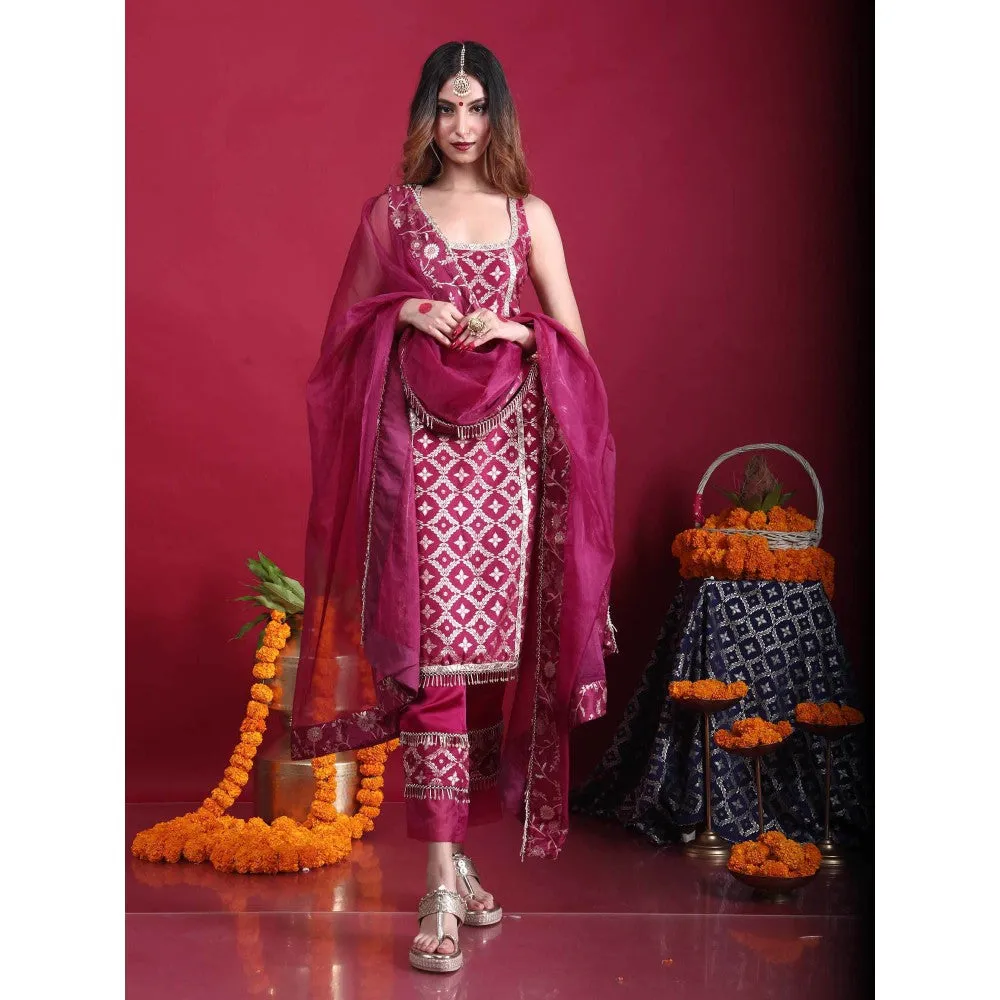 MONK & MEI Kala-Sleeveless Kurta-Plum Magenta (Set of 3)