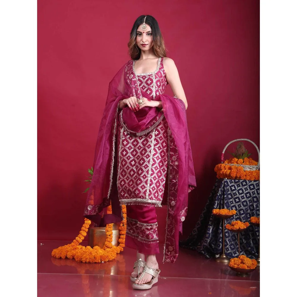 MONK & MEI Kala-Sleeveless Kurta-Plum Magenta (Set of 3)