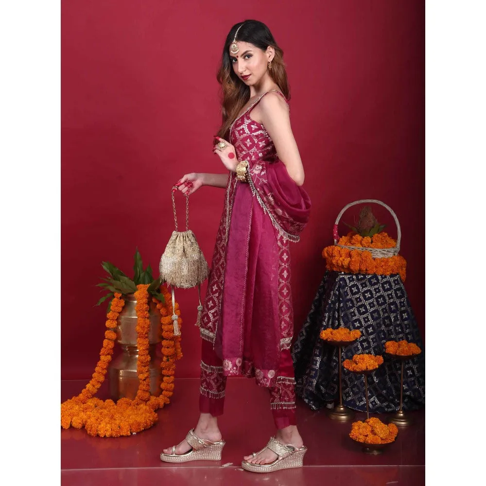 MONK & MEI Kala-Sleeveless Kurta-Plum Magenta (Set of 3)