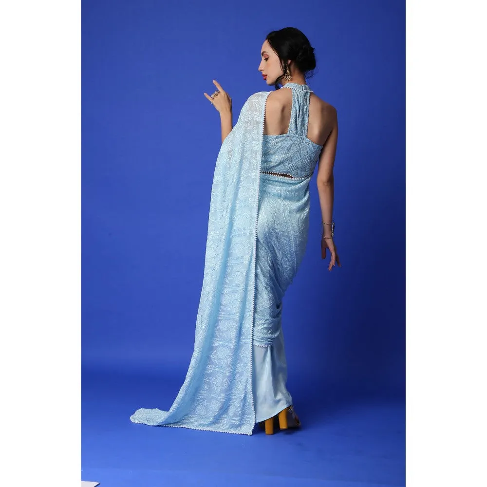 MONK & MEI Karishma Chikankari Dhoti Saree & Blouse - Ice Blue