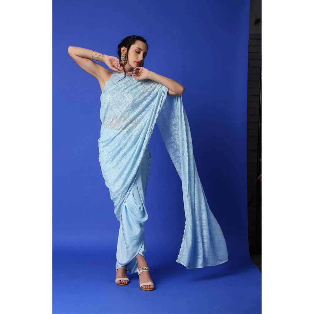 MONK & MEI Karishma Chikankari Dhoti Saree & Blouse - Ice Blue