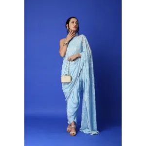 MONK & MEI Karishma Chikankari Dhoti Saree & Blouse - Ice Blue