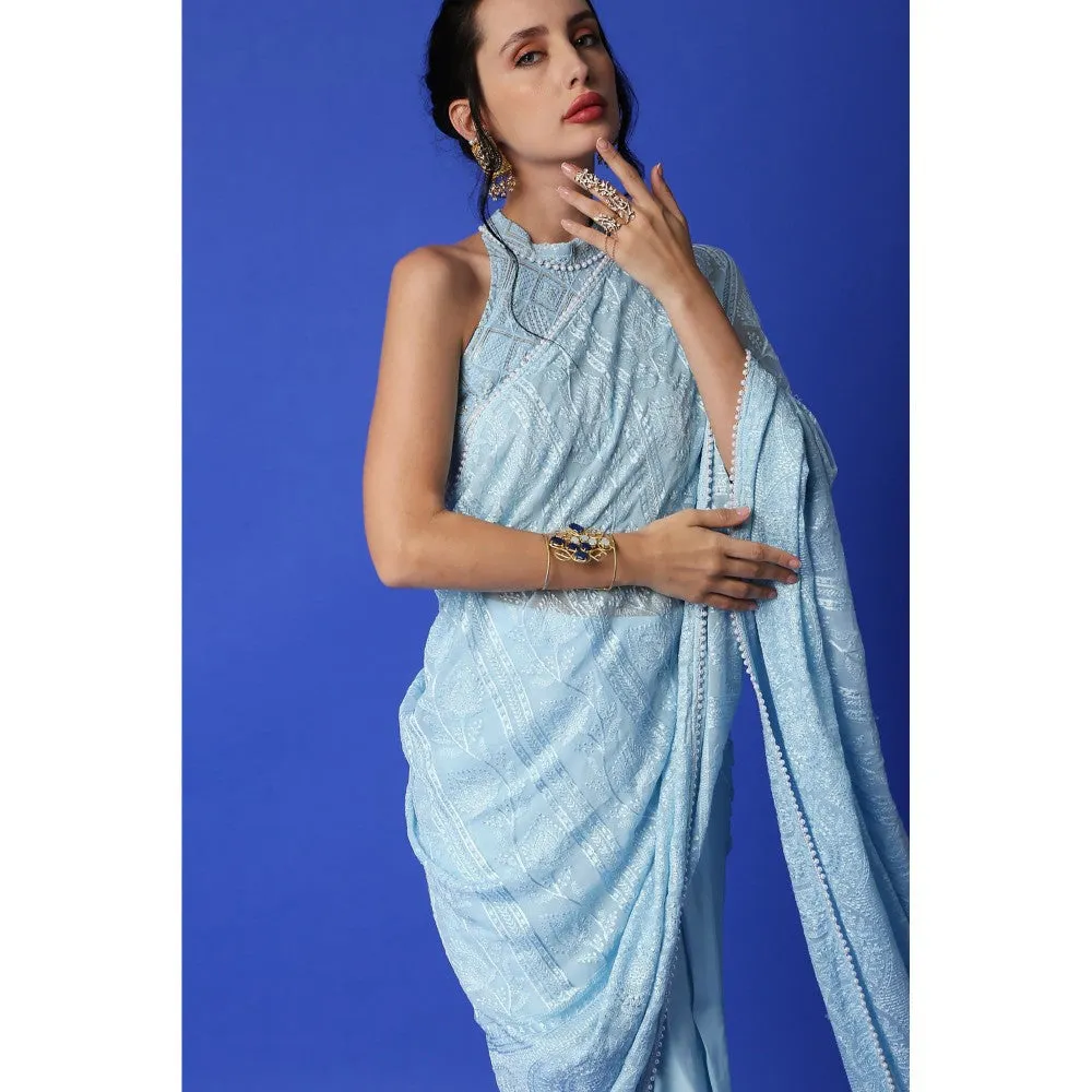 MONK & MEI Karishma Chikankari Dhoti Saree & Blouse - Ice Blue