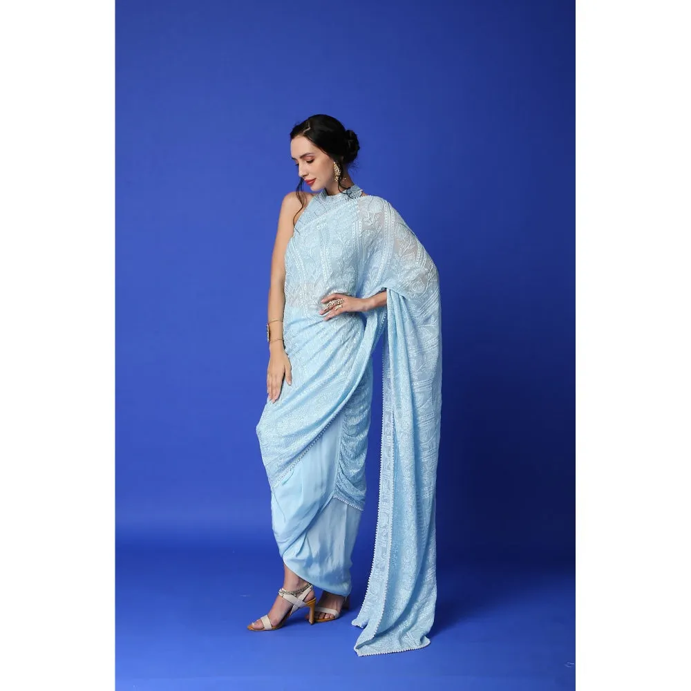 MONK & MEI Karishma Chikankari Dhoti Saree & Blouse - Ice Blue