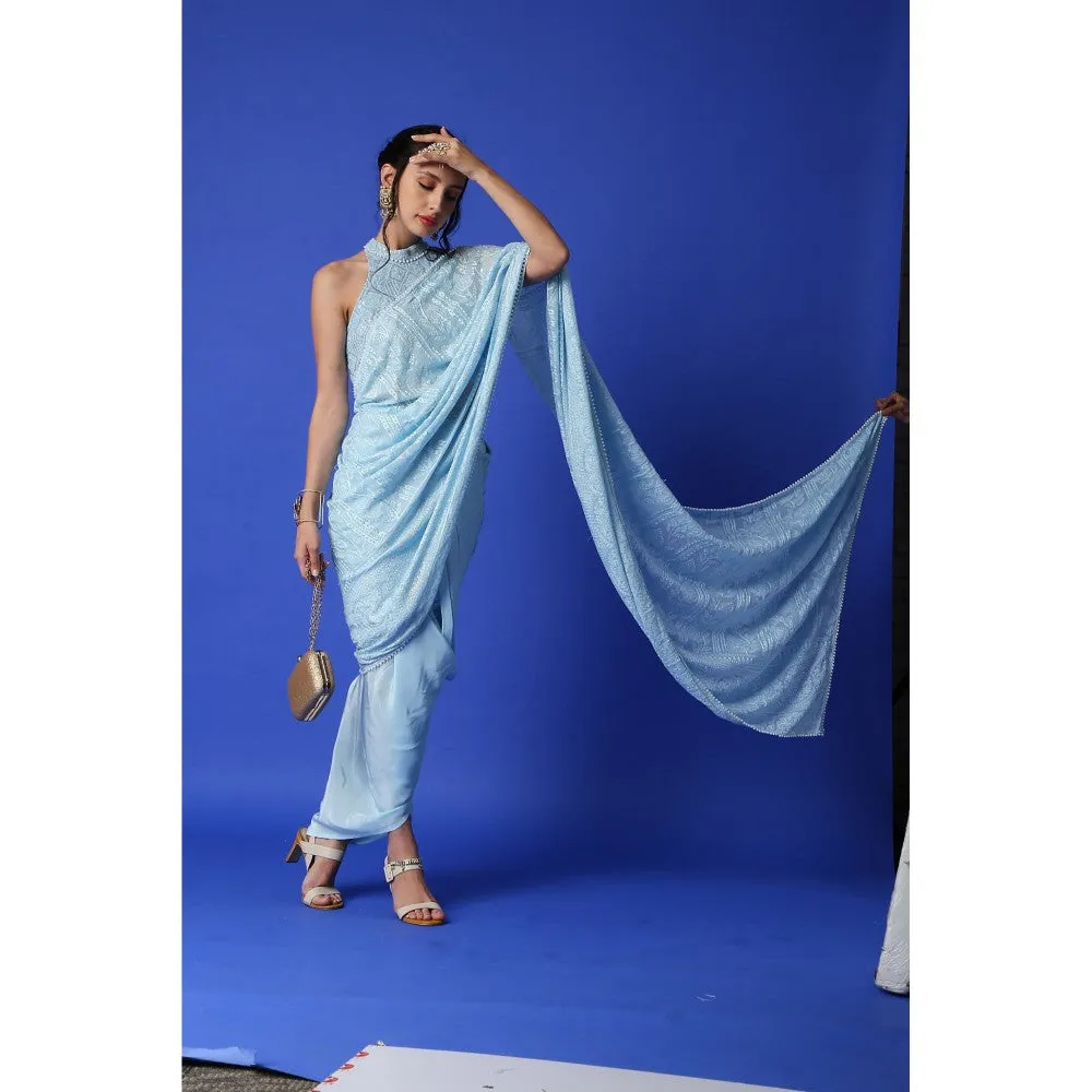MONK & MEI Karishma Chikankari Dhoti Saree & Blouse - Ice Blue