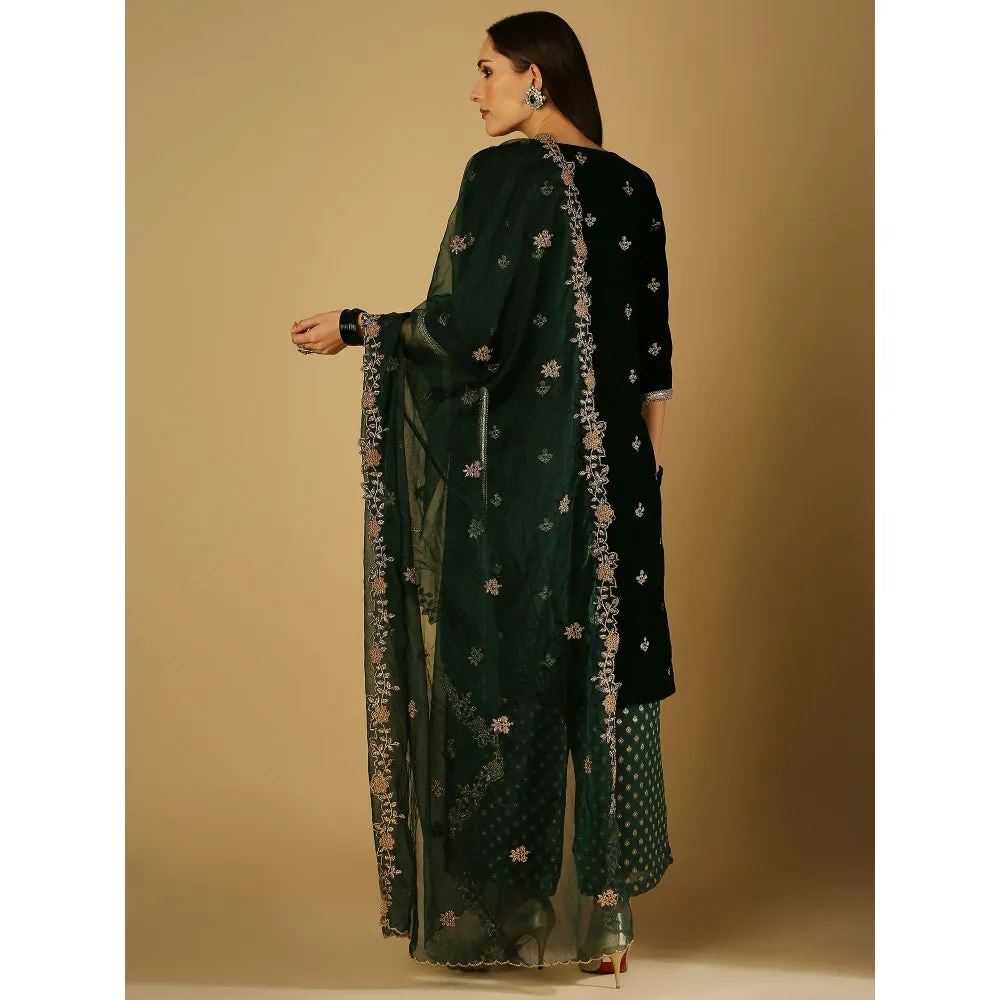 Monk & Mei Ruhani-Kurta Palazzo Dupatta - Green (Set Of 3)