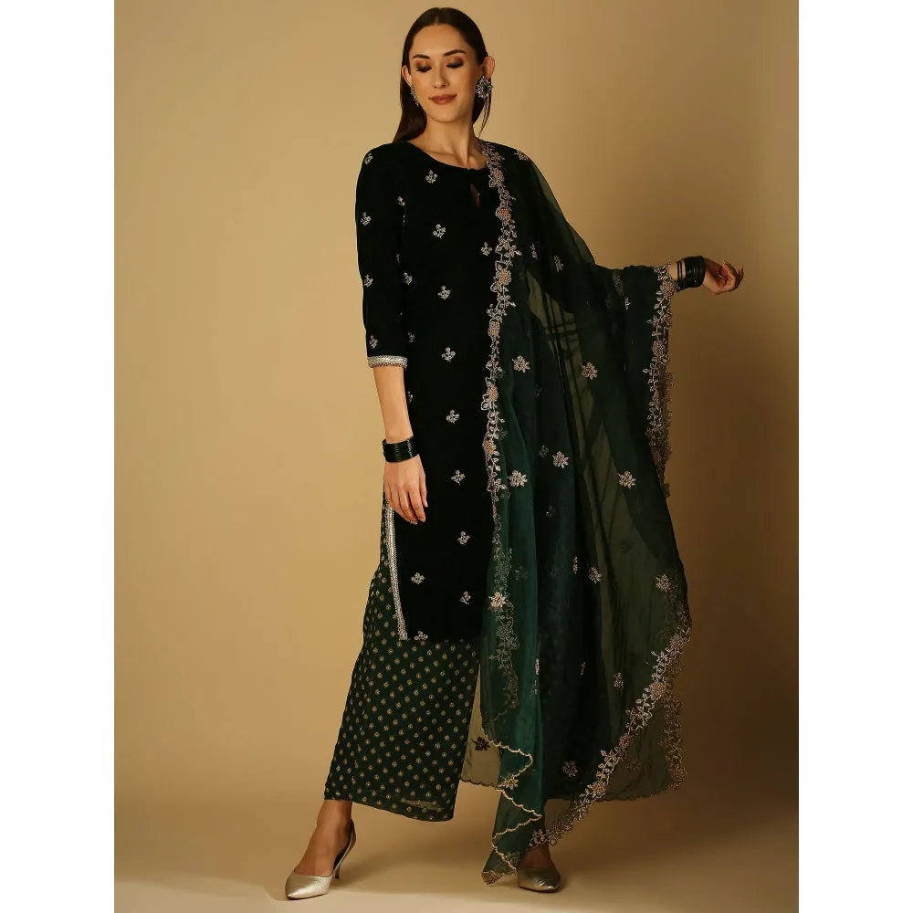 Monk & Mei Ruhani-Kurta Palazzo Dupatta - Green (Set Of 3)
