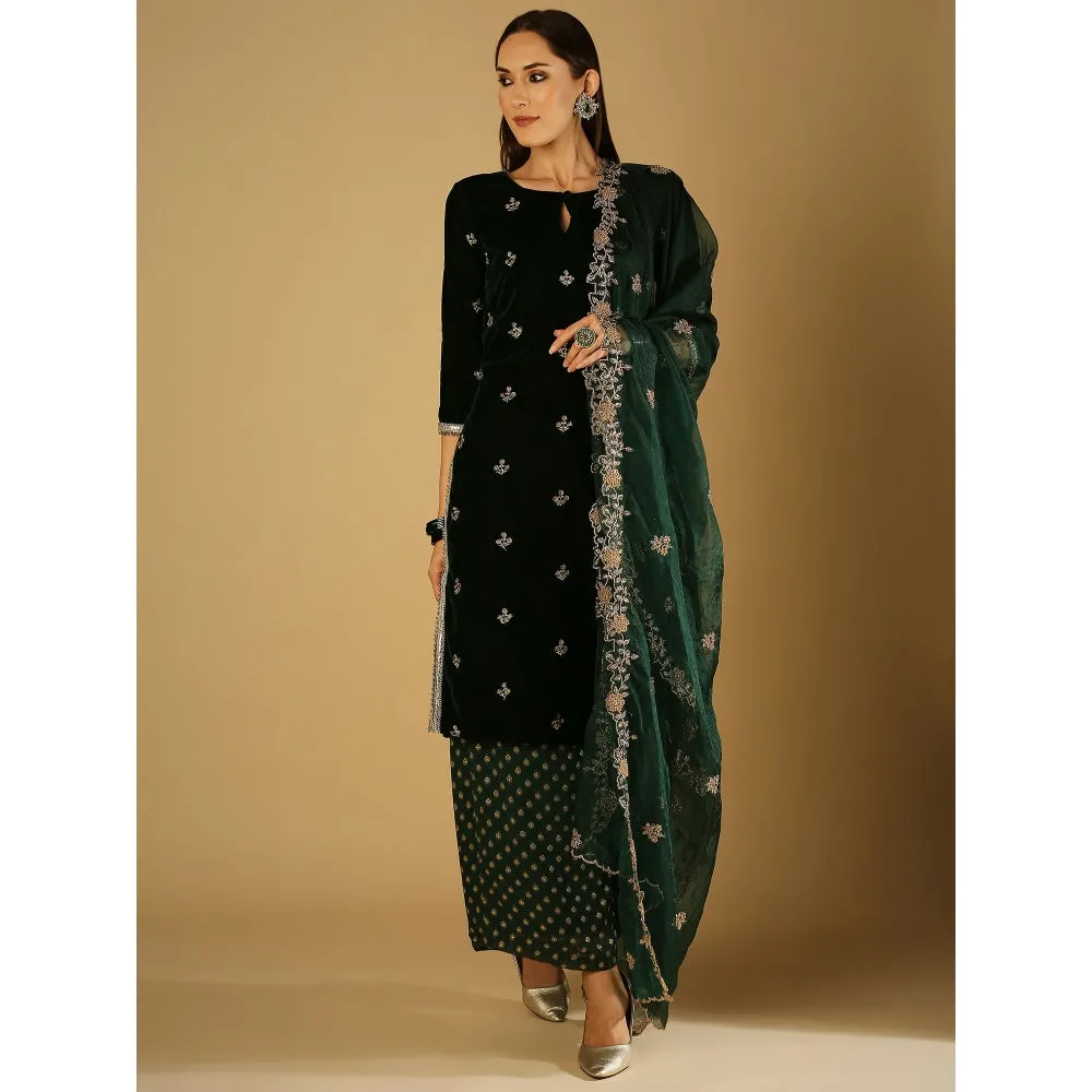 Monk & Mei Ruhani-Kurta Palazzo Dupatta - Green (Set Of 3)