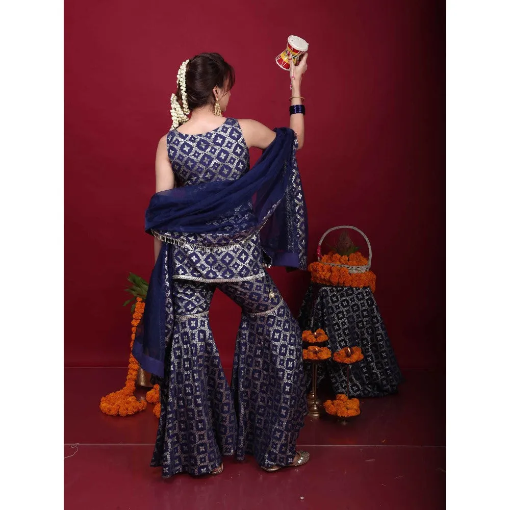 MONK & MEI Vani-Kurta, Sharara & Dupatta-Deep Blue (Set of 3)