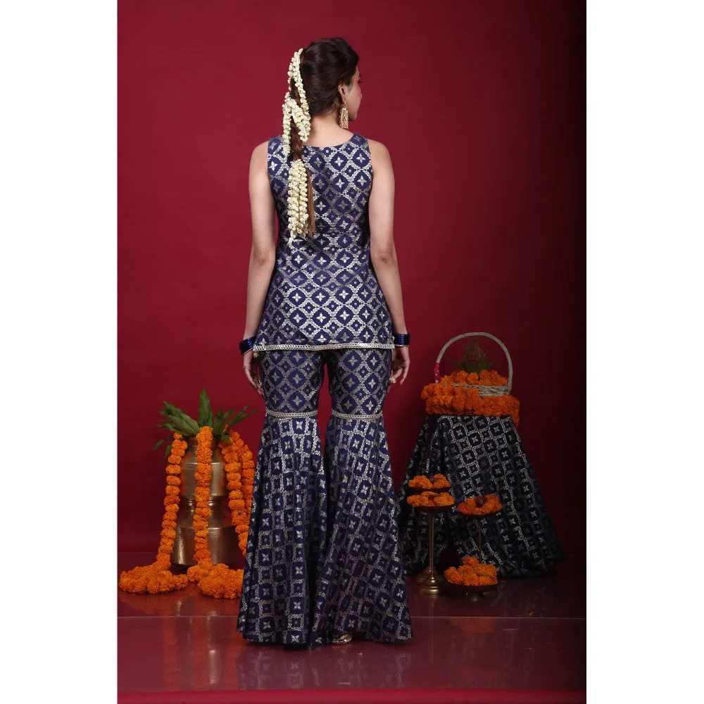 MONK & MEI Vani-Kurta, Sharara & Dupatta-Deep Blue (Set of 3)