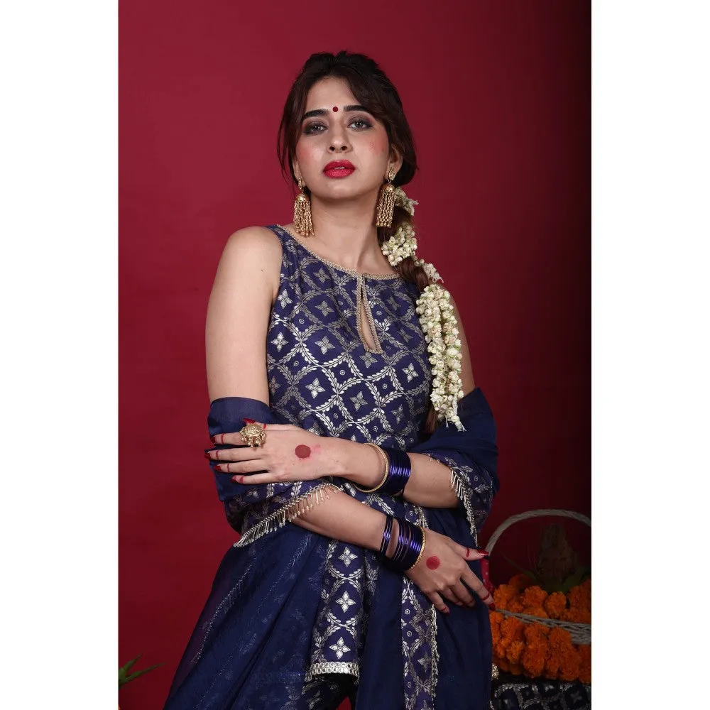 MONK & MEI Vani-Kurta, Sharara & Dupatta-Deep Blue (Set of 3)