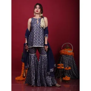 MONK & MEI Vani-Kurta, Sharara & Dupatta-Deep Blue (Set of 3)