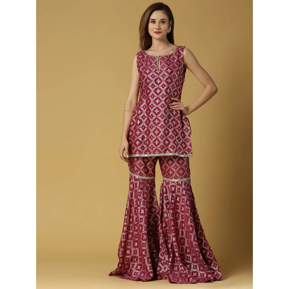 MONK & MEI Vani-Kurta, Sharara & Dupatta-Plum Magenta (Set of 3)