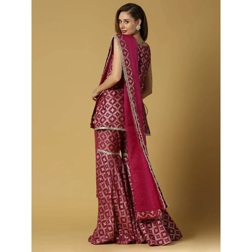 MONK & MEI Vani-Kurta, Sharara & Dupatta-Plum Magenta (Set of 3)