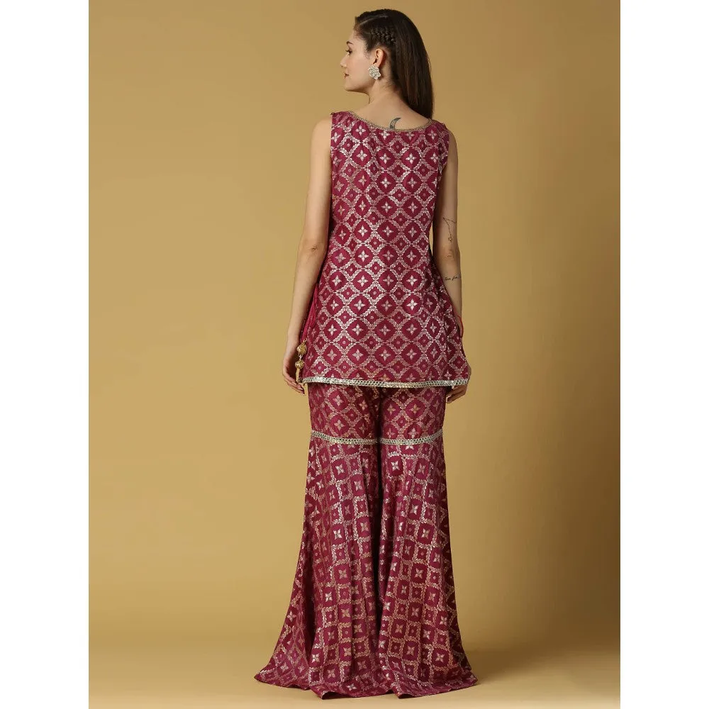 MONK & MEI Vani-Kurta, Sharara & Dupatta-Plum Magenta (Set of 3)