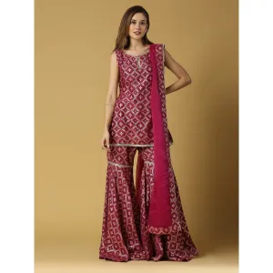 MONK & MEI Vani-Kurta, Sharara & Dupatta-Plum Magenta (Set of 3)