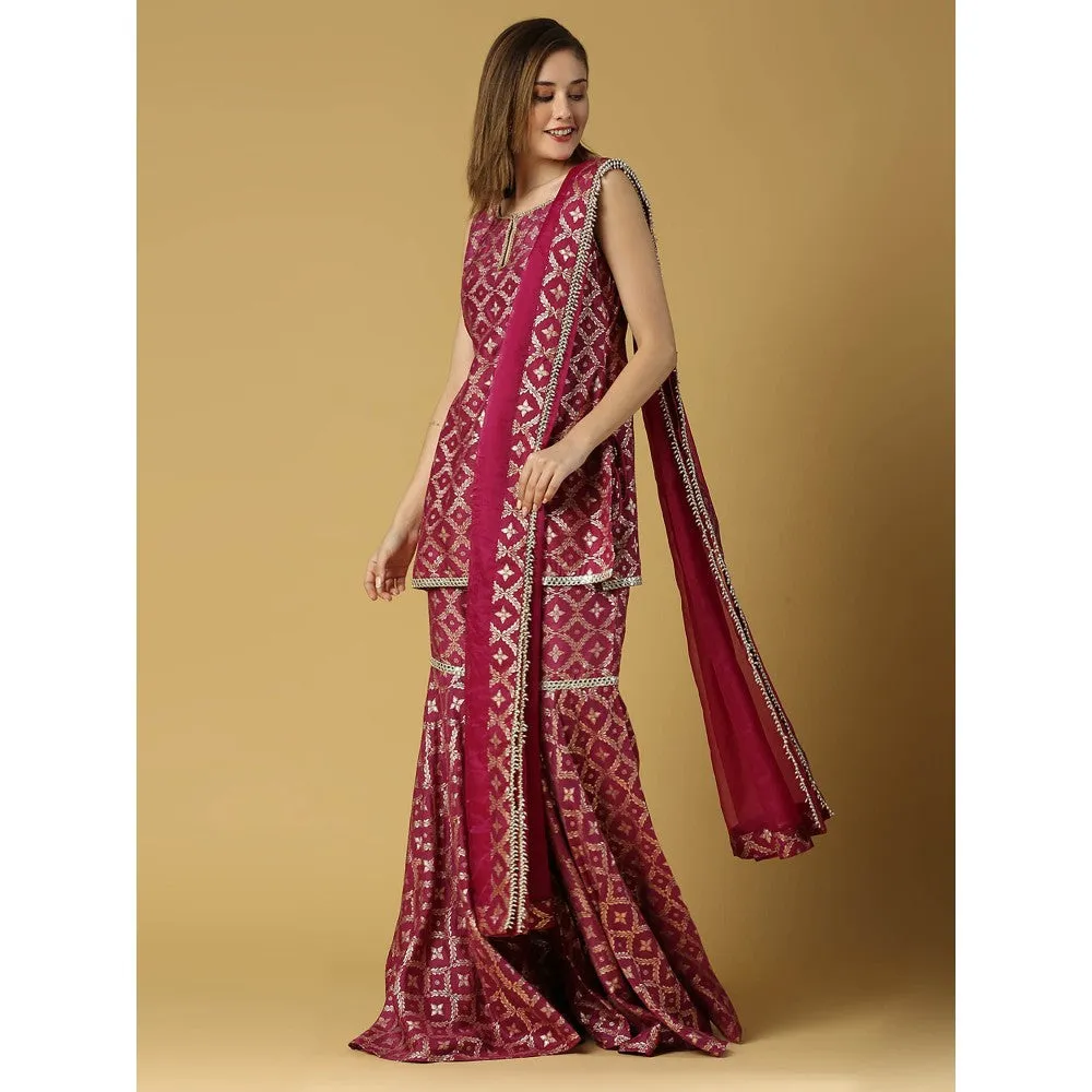 MONK & MEI Vani-Kurta, Sharara & Dupatta-Plum Magenta (Set of 3)