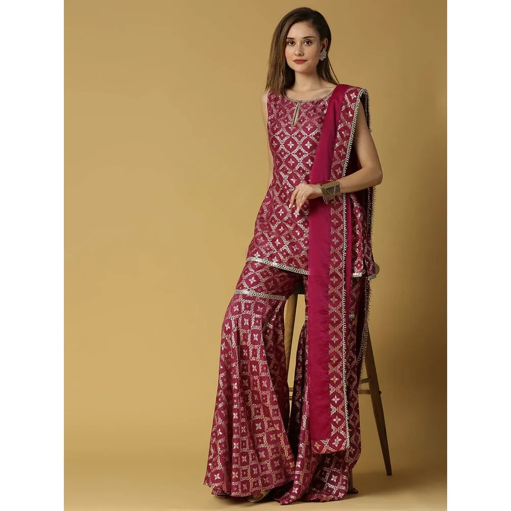 MONK & MEI Vani-Kurta, Sharara & Dupatta-Plum Magenta (Set of 3)