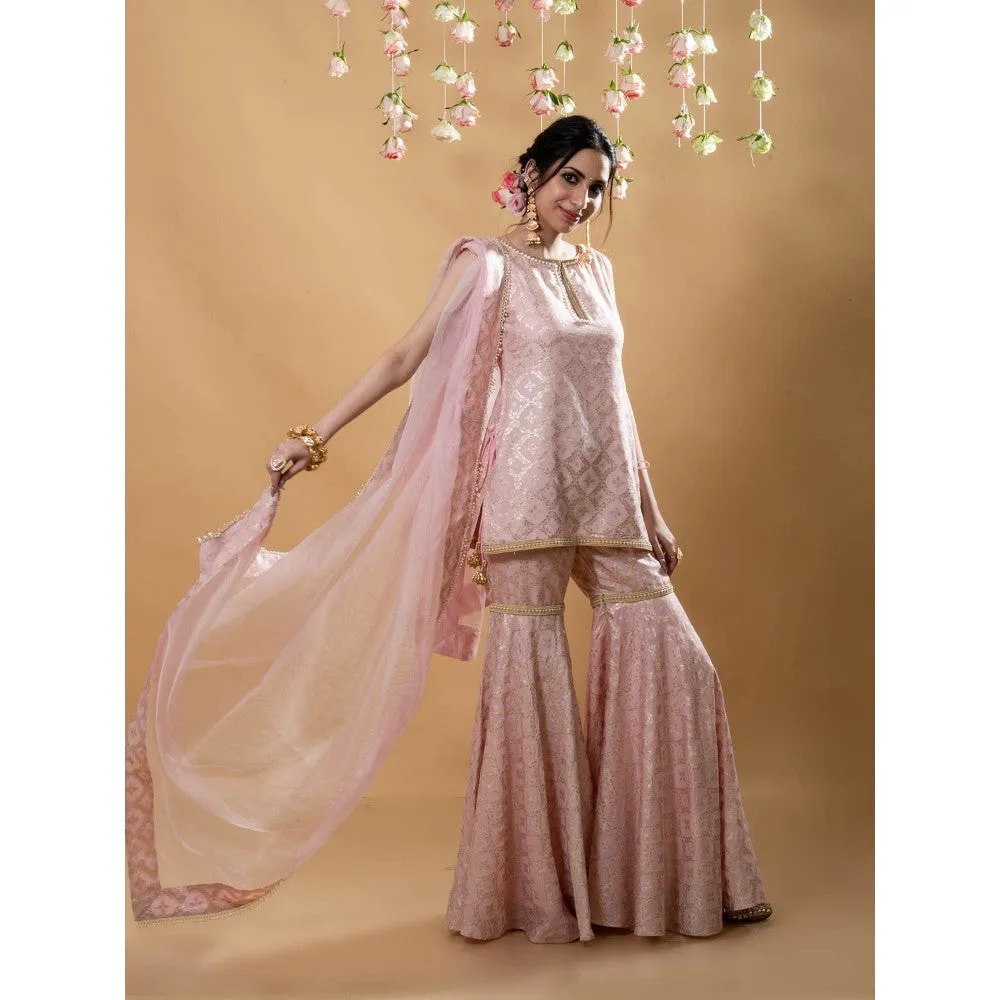 MONK & MEI Vani Kurta with Sharara & Dupatta-Powder Pink (Set of 3)