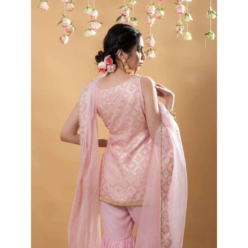 MONK & MEI Vani Kurta with Sharara & Dupatta-Powder Pink (Set of 3)