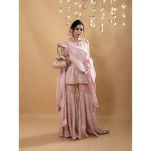 MONK & MEI Vani Kurta with Sharara & Dupatta-Powder Pink (Set of 3)