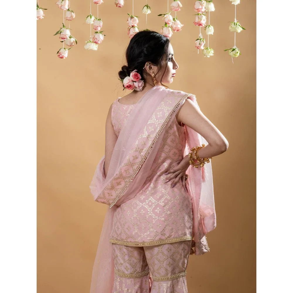 MONK & MEI Vani Kurta with Sharara & Dupatta-Powder Pink (Set of 3)