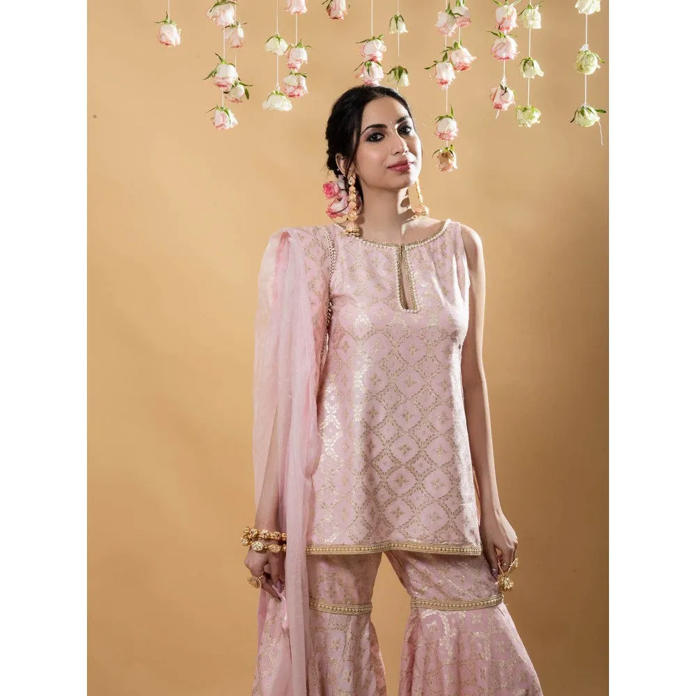 MONK & MEI Vani Kurta with Sharara & Dupatta-Powder Pink (Set of 3)