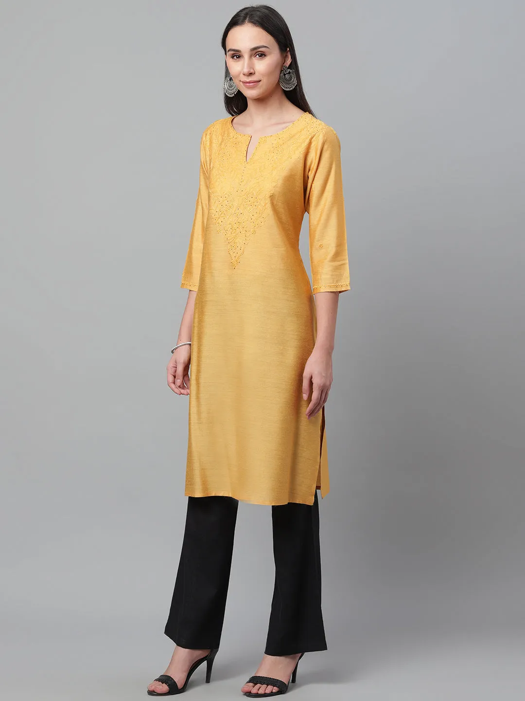 Mustard Pure Silk Chikankari Kurta