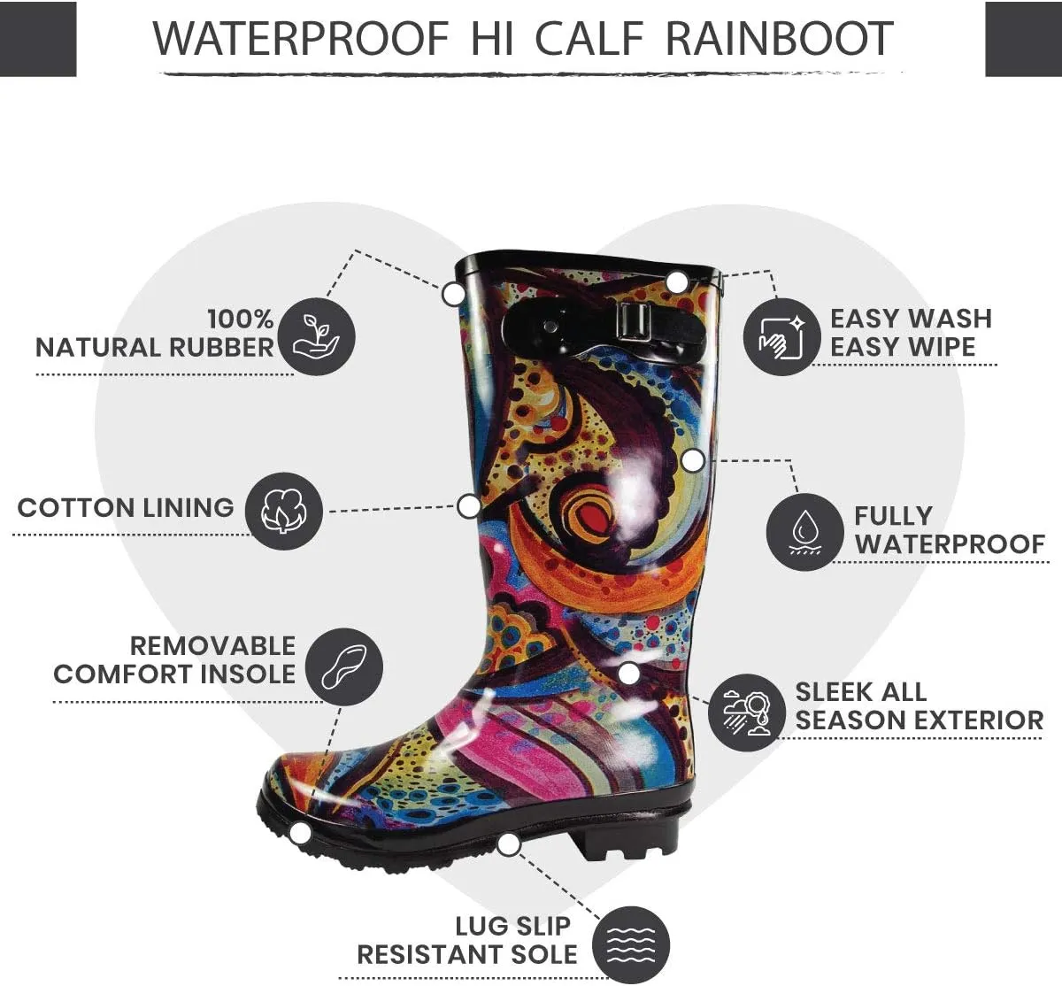 NORTY Women's Hurricane Rain Boots Knee High Calf Length - Glossy Matte Waterproof Rubber Tall Shoes
