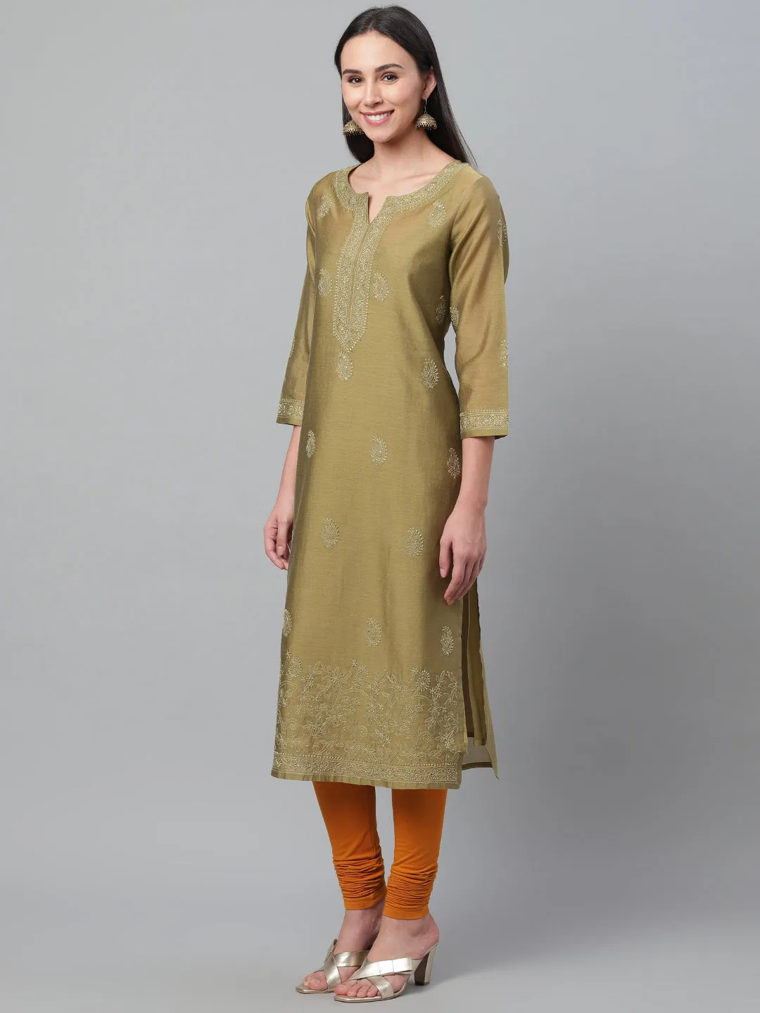 Olive Chanderi Silk Embroidered Kurta