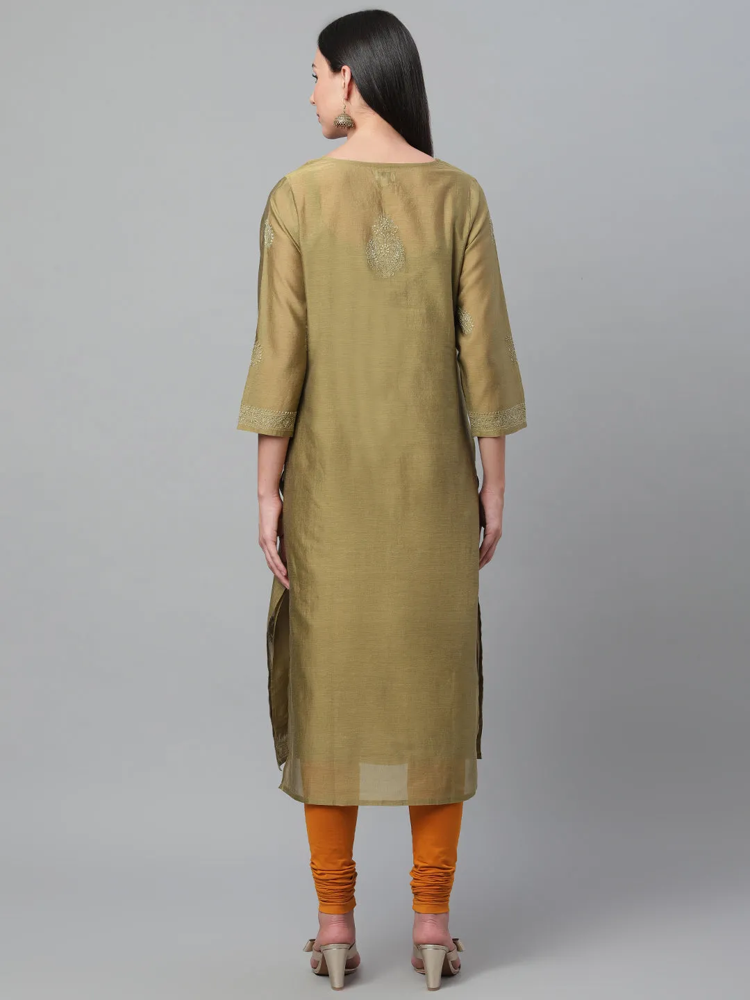 Olive Chanderi Silk Embroidered Kurta