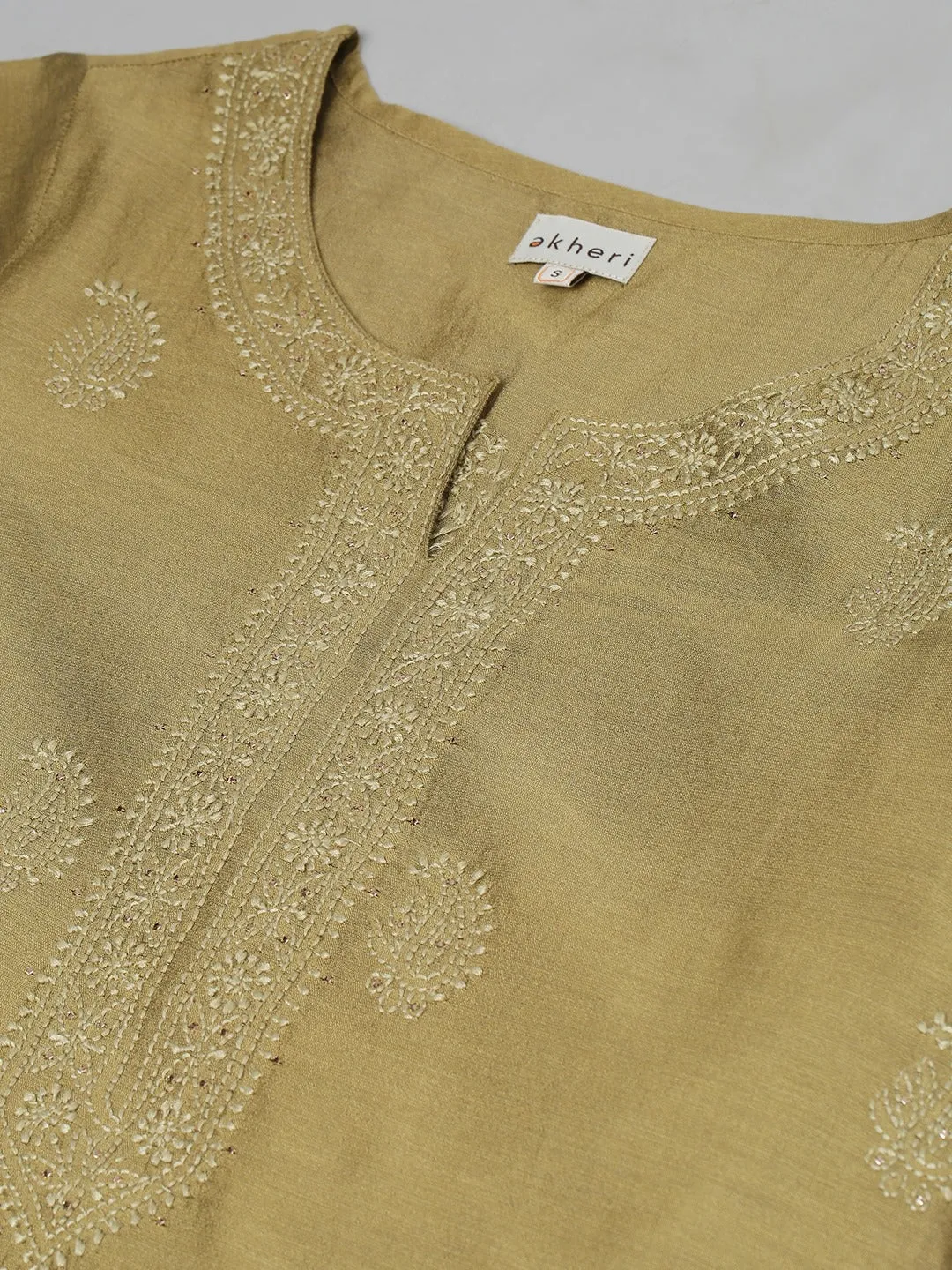 Olive Chanderi Silk Embroidered Kurta