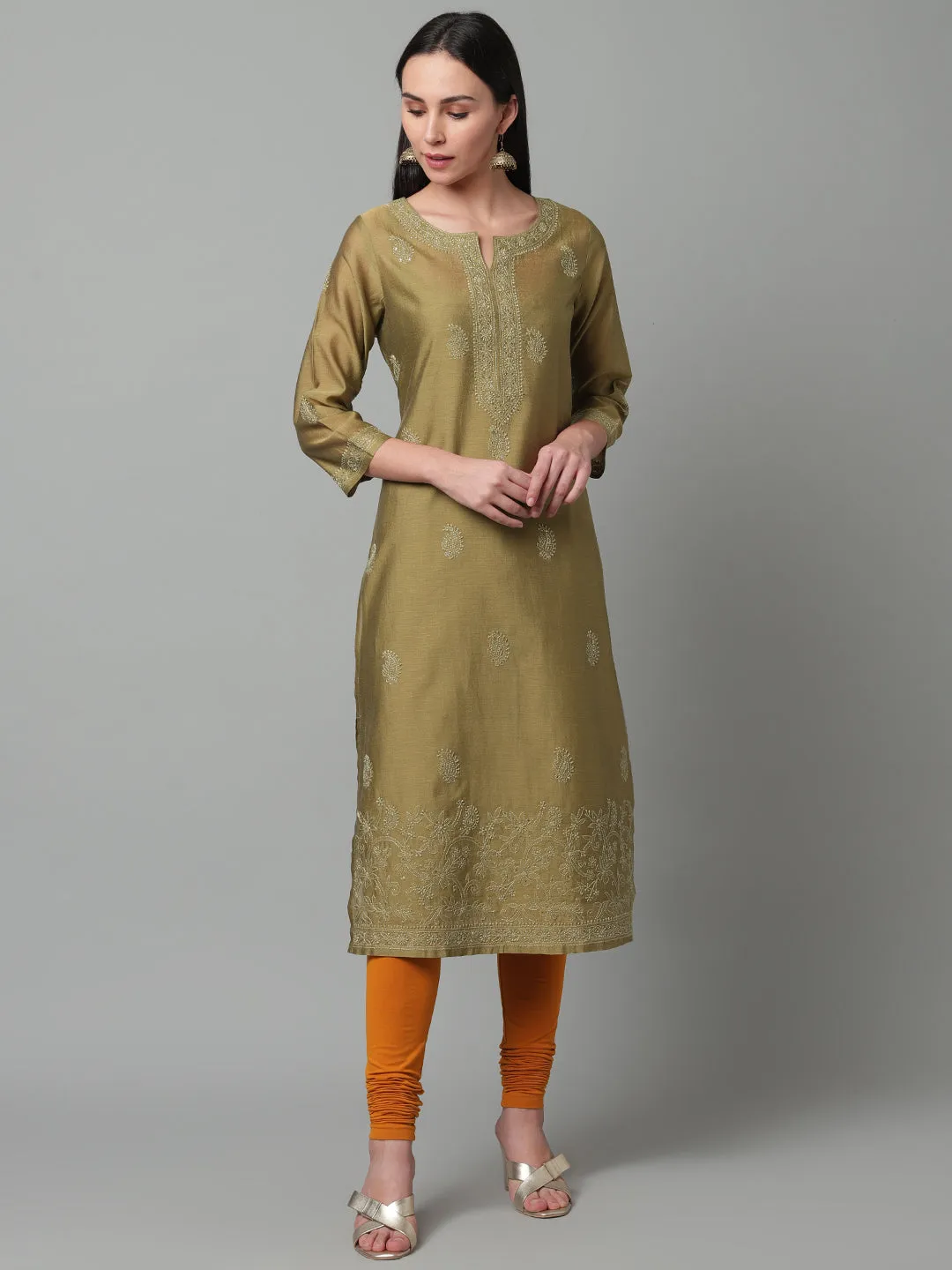 Olive Chanderi Silk Embroidered Kurta