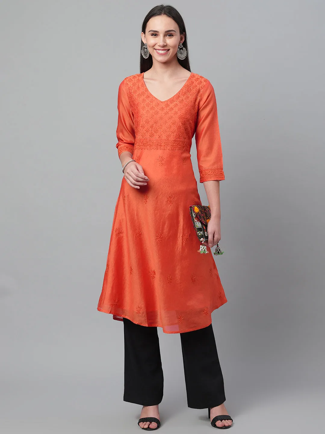 Orange Chanderi Embroidered A-Line Kurta With Tassels
