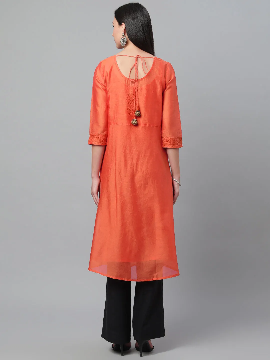 Orange Chanderi Embroidered A-Line Kurta With Tassels
